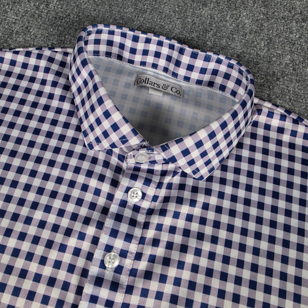 Collars & Co. Dress Collar Polo Mens Large Navy Gingham Short Sleeve Performance